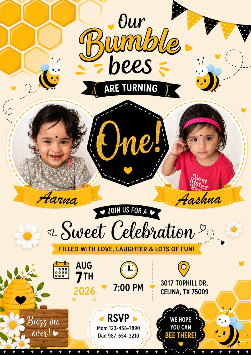 Bumble bee birthday invitation with the party date, time and address